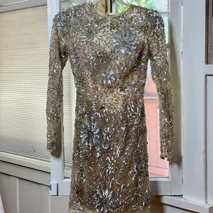 Sherri Hill Silver Gold Sequin and Crystal Embellished Formal Evening Mini Dress